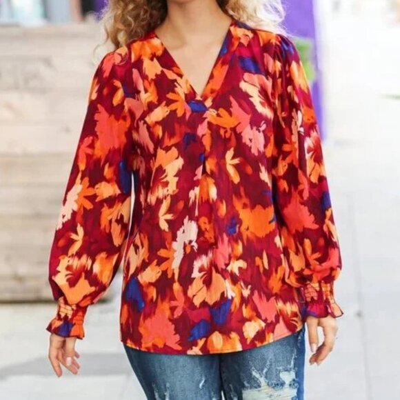 New Burgundy Floral Abstract Print V Neck Smocked Top‎ 3X - Picture 5 of 8